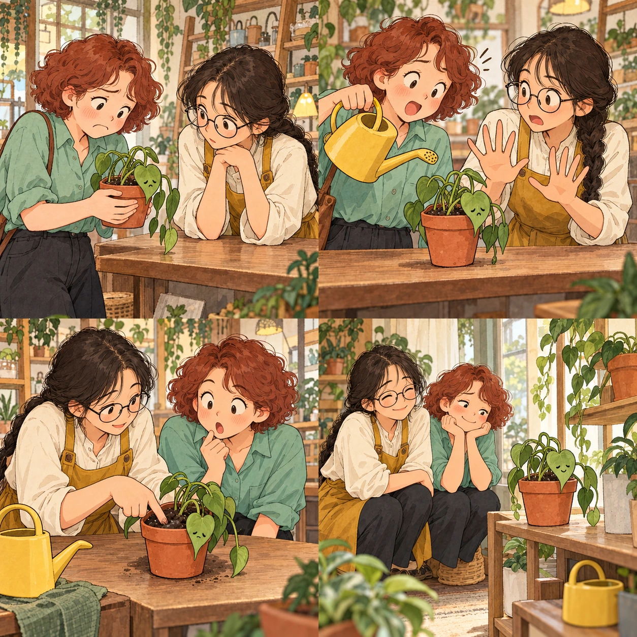 작은 식물 가게에서 손님과 사장님이 화분을 살피는 네 컷 만화